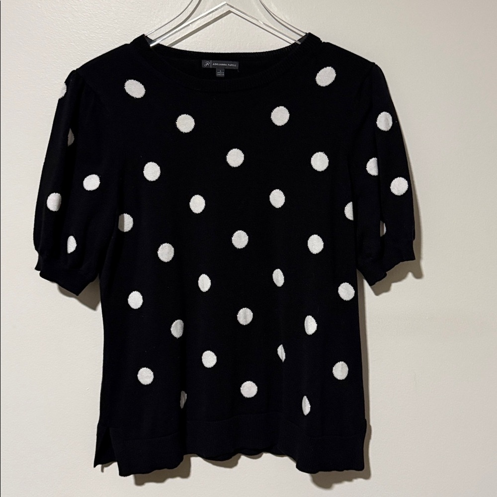 Adrianna Papell Black and White Polka Dot Sweater Size Large NWOT